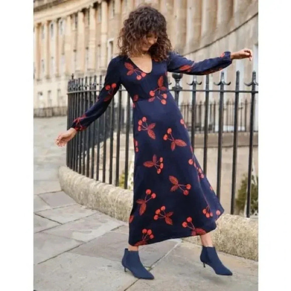 Boden Dresses & Skirts - BODEN US 8LCherry Print Midi Dress Blue Red Long Sleeve Scoop Neck(g7